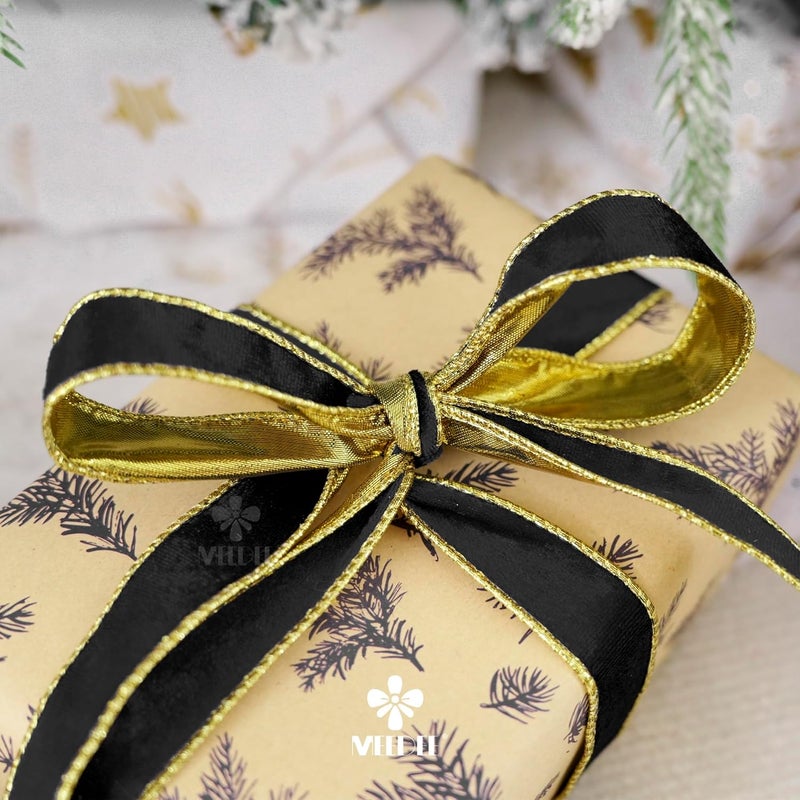 Meedee Black and Gold Velvet Ribbon - 1 Inch Thin Velvet Wired - 25 Yards Spool - Two Tone - Christmas Tree, Gift Wrapping, Wreaths, Bows, Crafts - Image 5